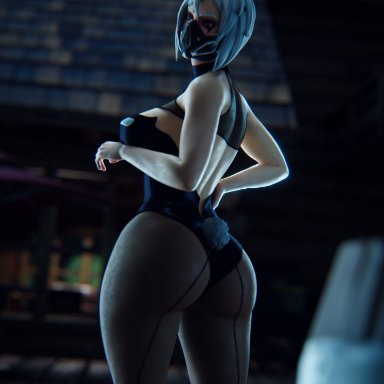 fortnite, hush (fortnite), wotm8h8, 1girls, back view, big ass, big breasts, bunnysuit, white hair