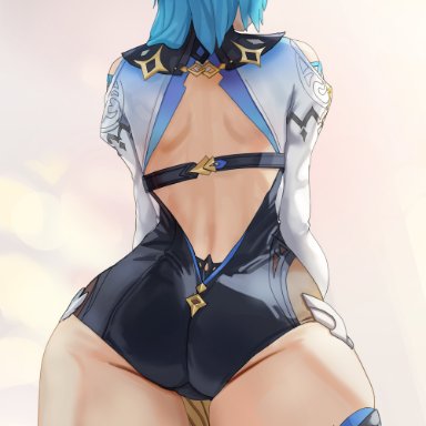 genshin impact, eula (genshin impact), dolri, 1girls, ass, clothed, clothed female, female, female only, from behind, open clothes, standing, thick thighs, thighhigh boots, thighs