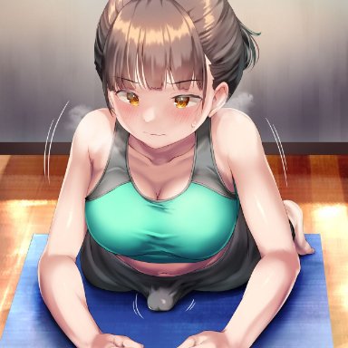 ayanakitori, 1futa, bangs, big breasts, big penis, blush, breasts, brown hair, clothed, clothing, dry humping, erection, erection under clothes, fully clothed, futa only