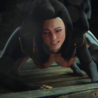 mass effect, miranda lawson, lucis, lucislab, 1boy, 1girls, ambiguous penetration, animal, areola, areolae, bestiality, black fur, breasts out, canid, canine