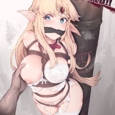 the legend of zelda, princess zelda, zelda (a link between worlds), morisova, 1boy, arms behind back, bangs, bare shoulders, between breasts, blonde hair, blue eyes, blush, bondage, bound, bra