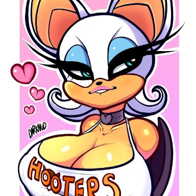 hooters, sonic (series), sonic the hedgehog (series), rouge the bat, darknud, 1girls, anthro, bat, bat wings, big breasts, biting lip, blue eyes, blue eyeshadow, choker, collar