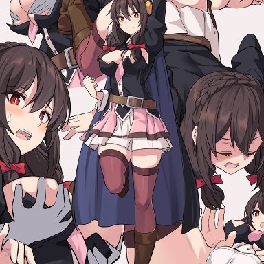 yunyun (konosuba), shiseki hirame, arm up, ass grab, breast grab, breasts, brown hair, brown legwear, cleavage, female, grabbing, grabbing from behind, looking at viewer, medium breasts, open mouth