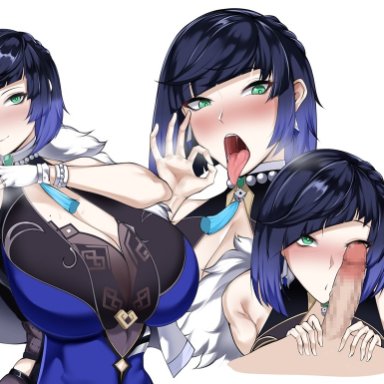 genshin impact, yelan (genshin impact), owner1657, 1boy, 1girls, armpits, arms up, bangs, bare shoulders, big breasts, blowjob, blue hair, blush, bodysuit, boob window