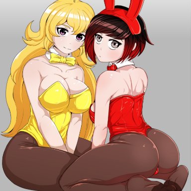 rwby, ruby rose, yang xiao long, molemug, 2girls, alternate costume, ass, breasts, bunny ears, female, tagme