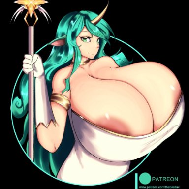 league of legends, star guardian series, soraka, star guardian soraka, l-a-v, 1girls, areola slip, areolae, big breasts, breasts, cleavage, clothed, clothed female, dress, female