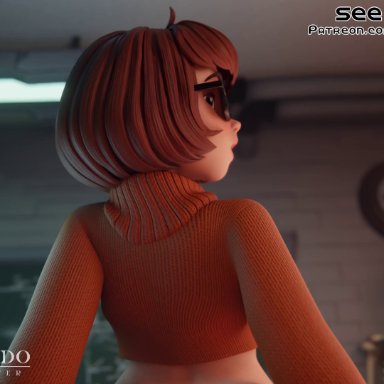 scooby-doo, velma dinkley, grand cupido, vranimeted, 1girls, anal, ass, big ass, blowjob, blush, brown hair, dildo, female, from behind, ginger in glasses