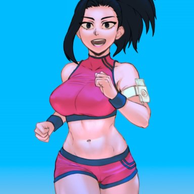 my hero academia, momo yaoyorozu, greedhomeless, 1girls, abs, belly, black eyes, black hair, blue background, booty shorts, breasts, clothed, female only, human, jogging