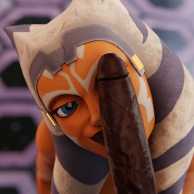 star wars, ahsoka tano, togruta, gladionanimated, 1boy, 1girls, abs, alien, alien girl, black body, black penis, black skin, blue eyes, covered face, dark-skinned male