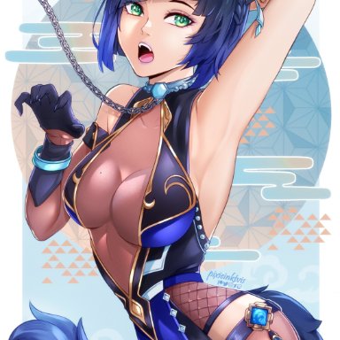 genshin impact, yelan (genshin impact), pixie (pixieinktvis), 1girls, abs, arched back, armpits, arms up, bangs, bare shoulders, beauty mark, big breasts, blue hair, bodysuit, braid