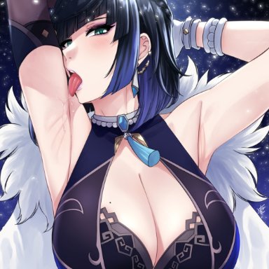 genshin impact, yelan (genshin impact), xtermination, 1girls, armpits, arms up, bangs, big breasts, blue hair, blush, bodysuit, boob window, braid, breasts, cleavage