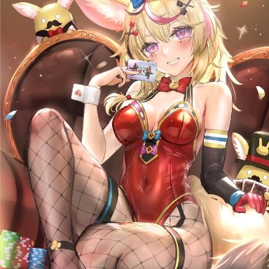 hololive, omaru polka, atai (artist), 1girls, animal ears, animal tail, bare shoulders, belly button, blonde hair, bodysuit, chair, cleavage, female, female focus, female only