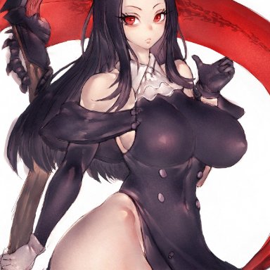 guilty gear, testament (guilty gear), fumio (rsqkr), 1girls, big breasts, black hair, breasts, eye contact, female, female focus, female only, genderswap, huge breasts, long hair, looking at viewer