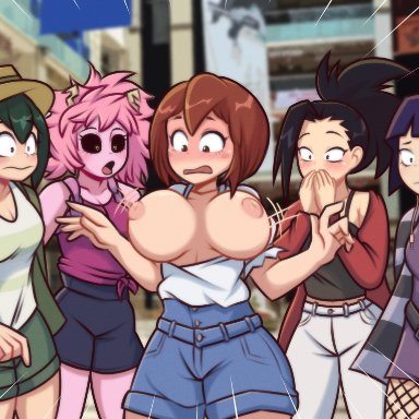 my hero academia, kyoka jiro, mina ashido, momo yaoyorozu, ochako uraraka, tsuyu asui, semidraws, accidental exposure, clothed, clothed female, clothed female nude female, clothing, embarrased, embarrassed, embarrassed nude exposure