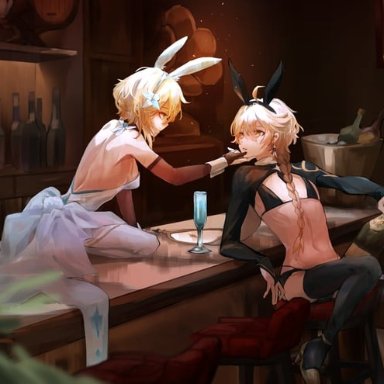 genshin impact, aether (genshin impact), lumine (genshin impact), 1boy, blonde hair, bra, bunny ears, bunnysuit, crossdressing, ear piercing, female, femboy, gown, long hair, short hair