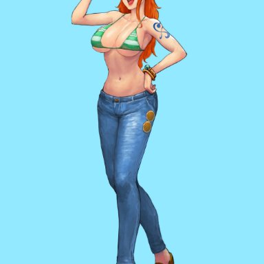 one piece, nami, cirenk, 1girls, big breasts, bikini, bikini top, breasts, cleavage, female, female only, red hair, tight pants, 2d