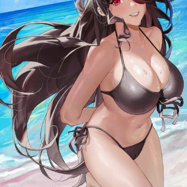 genshin impact, beidou (genshin impact), cozyu, arms behind back, barefoot, beach, big breasts, bikini, black bikini, blush, brown hair, busty, cameltoe, cleavage, curvy