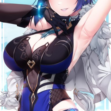 genshin impact, yelan (genshin impact), akchu, 1girls, armpits, arms behind head, arms up, blush, breasts, cleavage, female, female only, green eyes, hair over one eye, hips