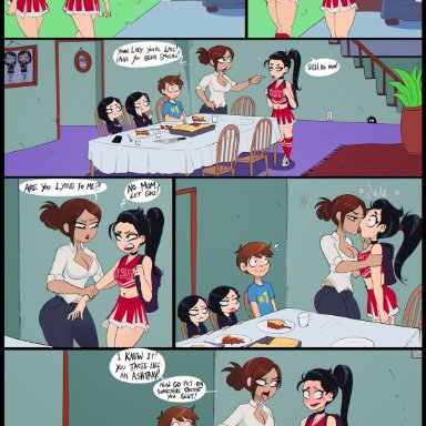 shadman, black hair, blush, brown hair, cheerleader, family, goth, goth cheerleader, incest, kissing, mother and daughter, smoking, yuri, comic, dialogue