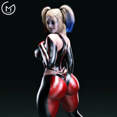 batman (series), dc, dc comics, harley quinn, gm studios, 1girls, ass, female, female only, g-string, large ass, looking at viewer, looking back, pants, skin tight