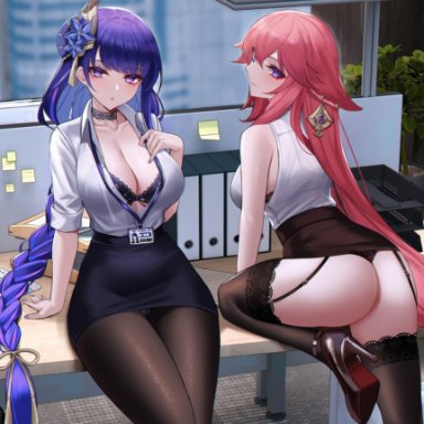 genshin impact, raiden shogun, yae miko, eternity (shadeh), 2girls, ass, bra, breasts, busty, cleavage, clothing, computer, dat ass, female, female only