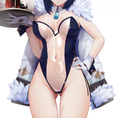 genshin impact, yelan (genshin impact), the atko, 1girls, alcohol, ass, ass visible through thighs, bangs, bare legs, belly button, big breasts, blue hair, blush, braid, breasts