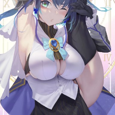 hololive, hololive english, ouro kronii, gtunver, 1girls, armpits, arms above head, arms up, black hair, blue eyes, blush, breasts, clothed, clothed female, female