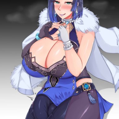 genshin impact, yelan (genshin impact), pondbs, 1futa, balls, bangs, big balls, black hair, blue hair, blush, breasts, bulge, cleavage, clothed, clothing