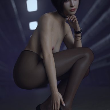 resident evil, resident evil 2, ada wong, missally, asian female, black hair, black heels, black legwear, breasts, brown eyes, choker, female, high heels, looking at viewer, naked pantyhose