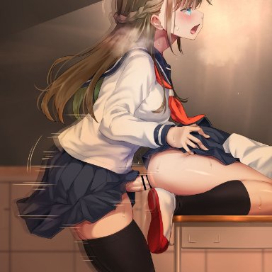 ayanakitori, 1futa, 1girls, black socks, black stockings, blonde hair, blue eyes, blush, boots, classroom, doggy style, female, futa focus, futa on female, futa sans balls