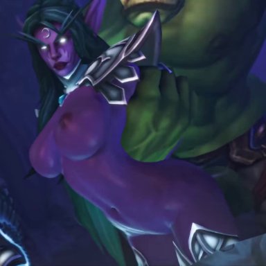 heroes of the storm, world of warcraft, night elf, tyrande whisperwind, leeterr, munt works, 1boy, 1girls, areola, areolae, armor, balls, belly, big belly, big breasts