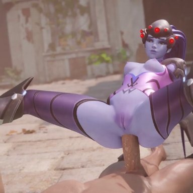 overwatch, widowmaker, cawneil, 1boy, 1girls, anal, anal penetration, anus, areolae, big penis, breasts, erection, female, male, nipples