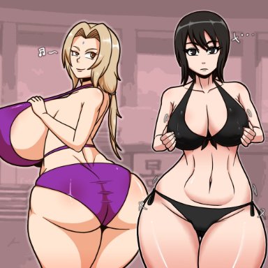 naruto, naruto (series), naruto shippuden, shizune, tsunade, normi, ass, big ass, big breasts, bikini, black eyes, black hair, blonde hair, breast envy, breast size difference