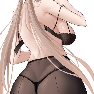 azur lane, kronshtadt (azur lane), larger bmx, 1girls, ass, backboob, black bra, black choker, black panties, blue eyes, bra, breasts, brown legwear, choker, cowboy shot