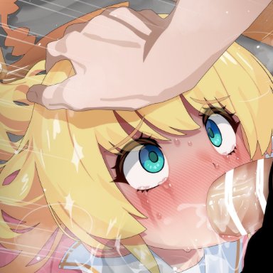 mizumizuni, thing (athing), 1boy, 1girls, big penis, blonde hair, blowjob, blue eyes, blush, clothed female, deepthroat, fellatio, female, femsub, forced