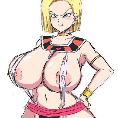 dragon ball, android 18, psumninghon, 1girls, blonde, blonde hair, blue eyes, cameltoe, cleavage, curvy, erect nipples, female, huge areolae, huge ass, huge breasts