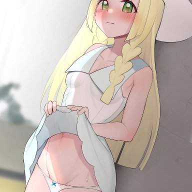 game freak, nintendo, pokemon, pokemon sm, lillie (pokemon), gatchan, 1girls, blonde hair, blush, breasts, female, female focus, female only, green eyes, hat