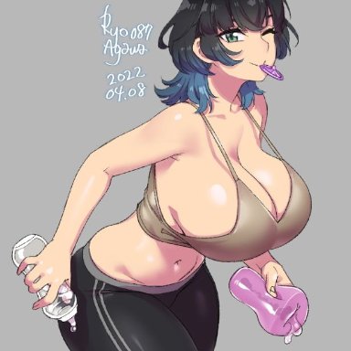 original, original character, ryo agawa, artificial vagina, bare shoulders, beige shirt, black hair, black legwear, blue hair, bottle, breasts, cleavage, closed mouth, collarbone, condom