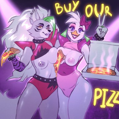 five nights at freddy's, glamrock chica (fnaf), roxanne wolf (fnaf), 2girls, big breasts, breasts, female, food between breasts, peace sign, pizza, tagme