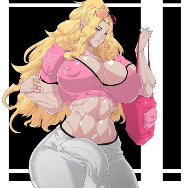 tenchizone, 1futa, abs, athletic, athletic futanari, breasts, bulge, cleavage, clothing, elf, erection, erection under clothes, fully clothed, futa only, futanari