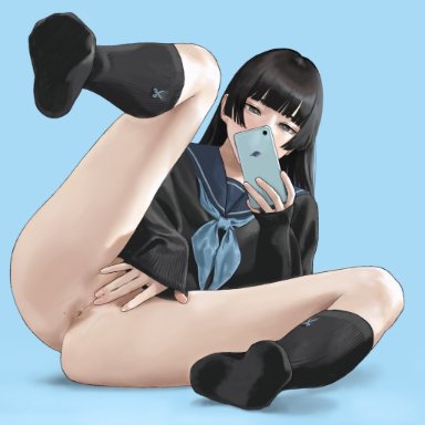 original, hiramedousa, anus, ass, bangs, black eyes, black hair, black sweater, blue background, blue neckerchief, blunt bangs, cellphone, covered mouth, covering, covering crotch