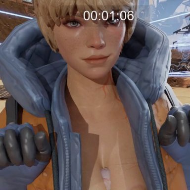 apex legends, wattson (apex legends), ricepanda, 1boy, 1boy1girl, 1girls, big breasts, blonde hair, confused, confusion, electricity, paizuri, precum, recording, recording on phone