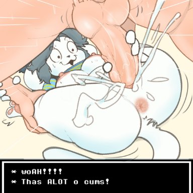 undertale, undertale (series), temmie (undertale), vaktus, anthro, anus, balls, bodily fluids, breasts, cum, cum inside, duo, female, from front position, genital fluids