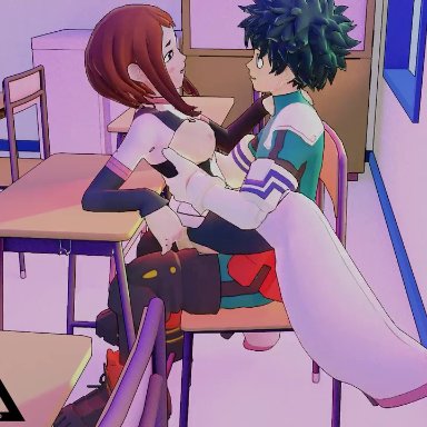 my hero academia, izuku midoriya, ochako uraraka, thenaysayer34, vranimeted, 1boy, 1boy1girl, 1girl, 1girls, areola, boots, breasts, breasts out, brown hair, brunette fucked in class