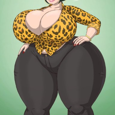 my hero academia, tsuyu asui, saturnxart, 1girls, age progression, black legwear, bottom heavy, glasses, green background, green hair, huge breasts, jewelry, milf, pokadots, red fingernails