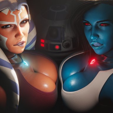 star wars, ahsoka tano, pyro (artist), 2girls, alien, alien girl, athletic female, looking at viewer, 3d