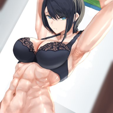 hololive, oozora subaru, ryo (ryo artys), abs, armpits, bangs, black bra, black hair, black panties, blue eyes, bra, breasts, clothes lift, eyebrows visible through hair, female