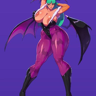 capcom, darkstalkers, morrigan aensland, rampage0118, 1girls, bat wings, big breasts, cleavage, erect nipples, erect nipples under clothes, huge breasts, large breasts, succubus, thick thighs, venus body