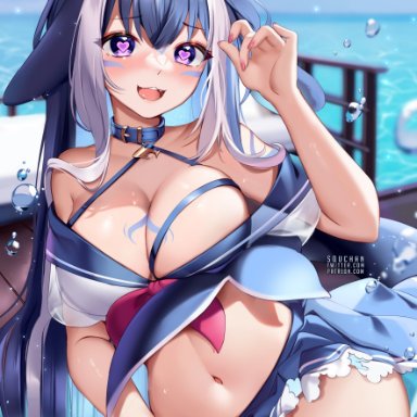 shylily, squchan, 1girls, ahoge, bangs, bare shoulders, big breasts, blush, body markings, breasts, busty, choker, cleavage, female, female only