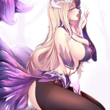 eclipse series, league of legends, riot games, ahri, coven ahri, darklux, 9 tails, alternate costume, alternate eye color, alternate hair color, alternate hairstyle, animal ear fluff, animal ears, animal girl, animal humanoid